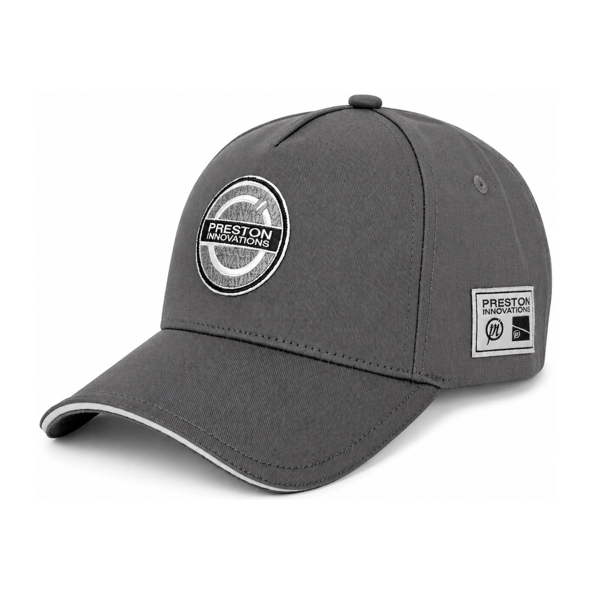 Preston Grey Granite Cap grijze pet met ronde voorbadge en rechthoekig zijembleem