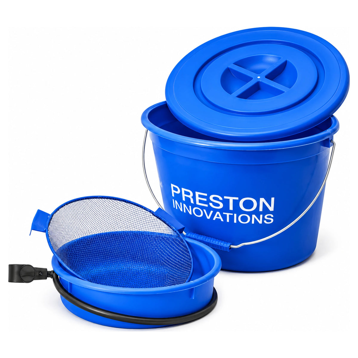 Preston blauwe voeremmer met deksel, aasbak en zeef