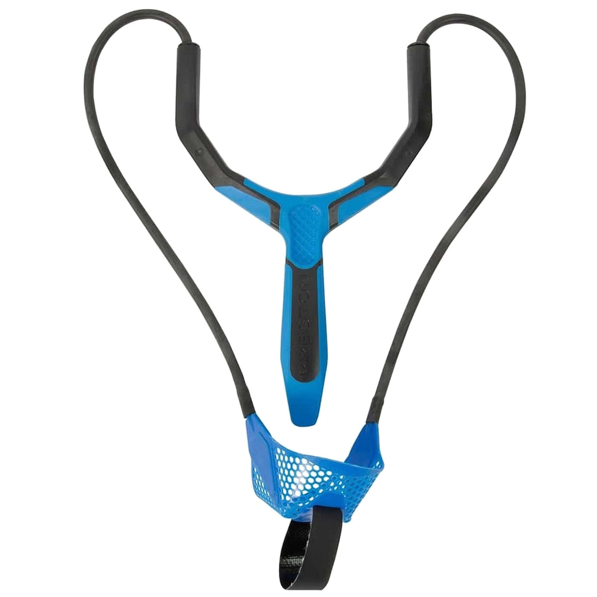 Vooraanzicht van de complete Preston Groundbait Catapult met de blauwe pouch onder de greep