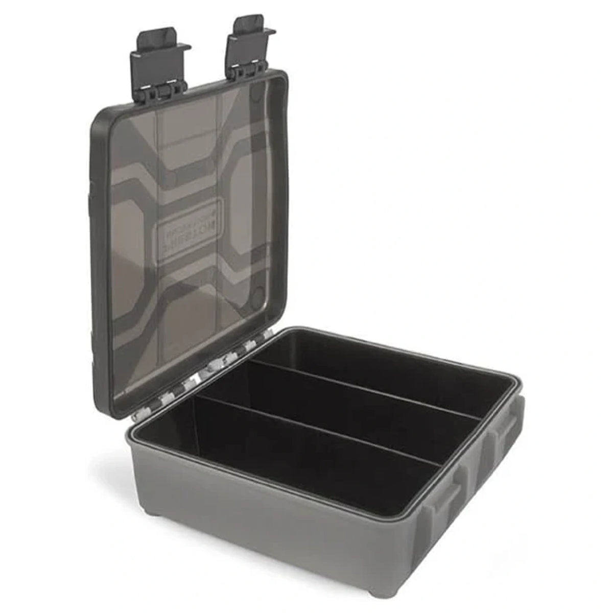 Preston Hardcase Accessory Box met geopend deksel, twee sluitingen en drie vakken