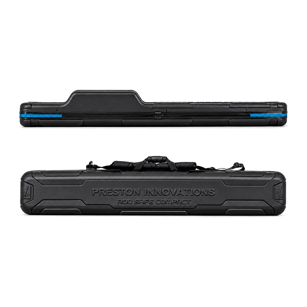 Preston Hardcase Rod Safe Compact met twee aanzichten, blauwe accenten en draaggreep