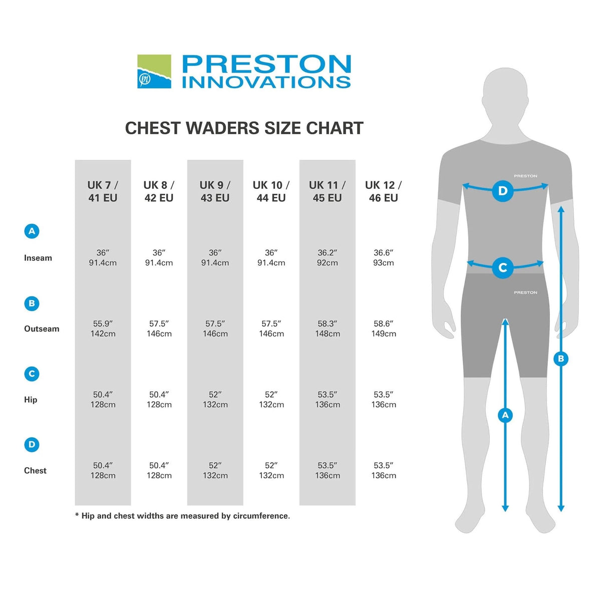 Preston Heavy Duty Chest Waders – maattabel met EU maat 46