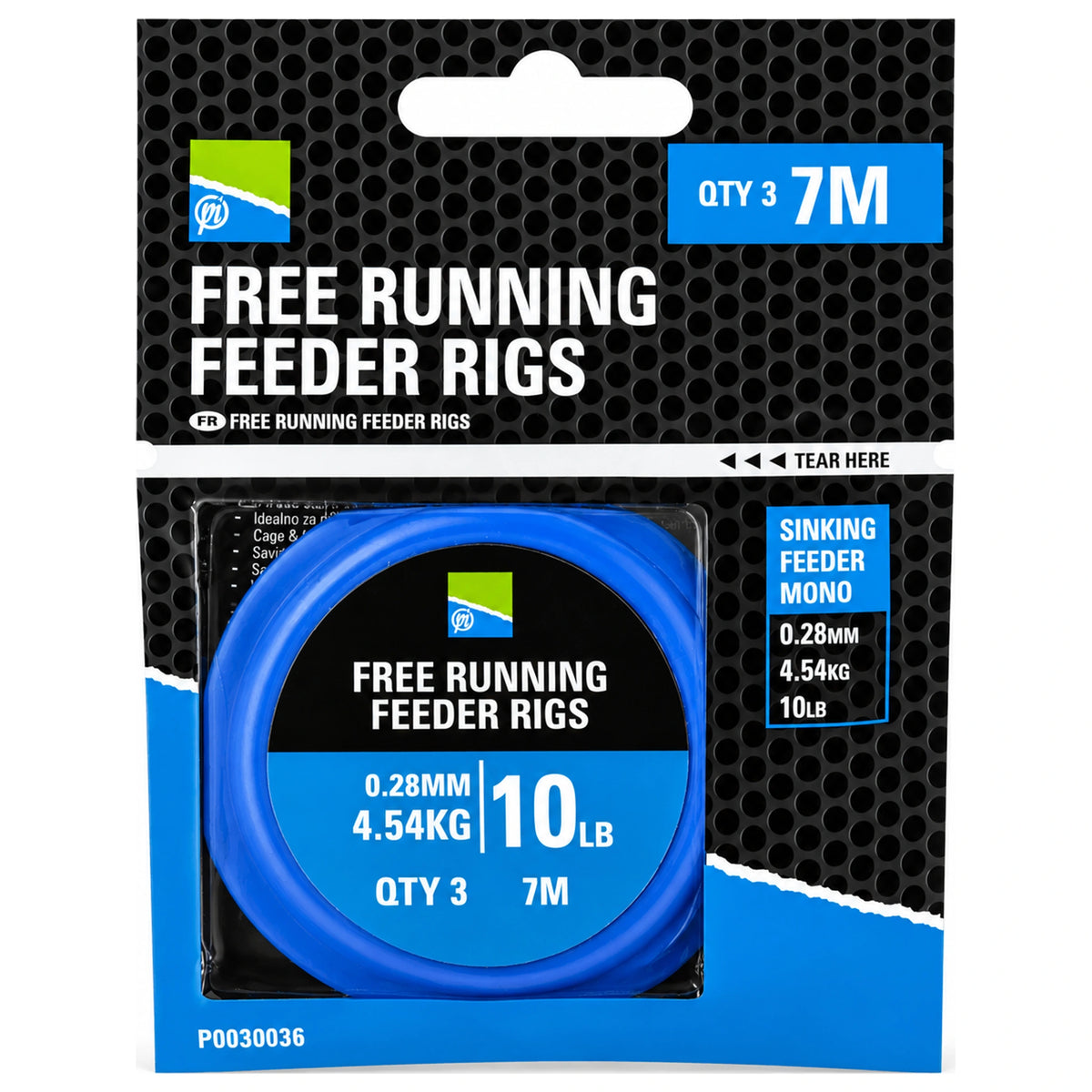 Preston Free Running Feeder Rigs verpakking met drie leaders van 7 m en 0,28 mm mono