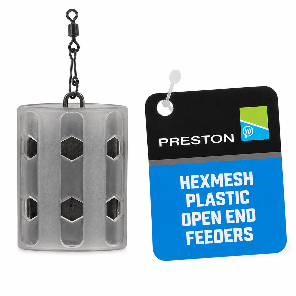 Preston Hexmesh Plastic Open End Feeders – grijze voerkorf met productkaart