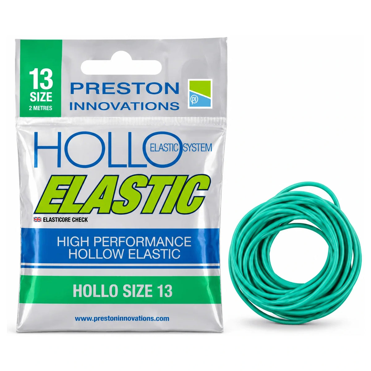 Preston Hollo Elastic maat 13, verpakking met opdruk 2 metres naast opgerold groen elastiek