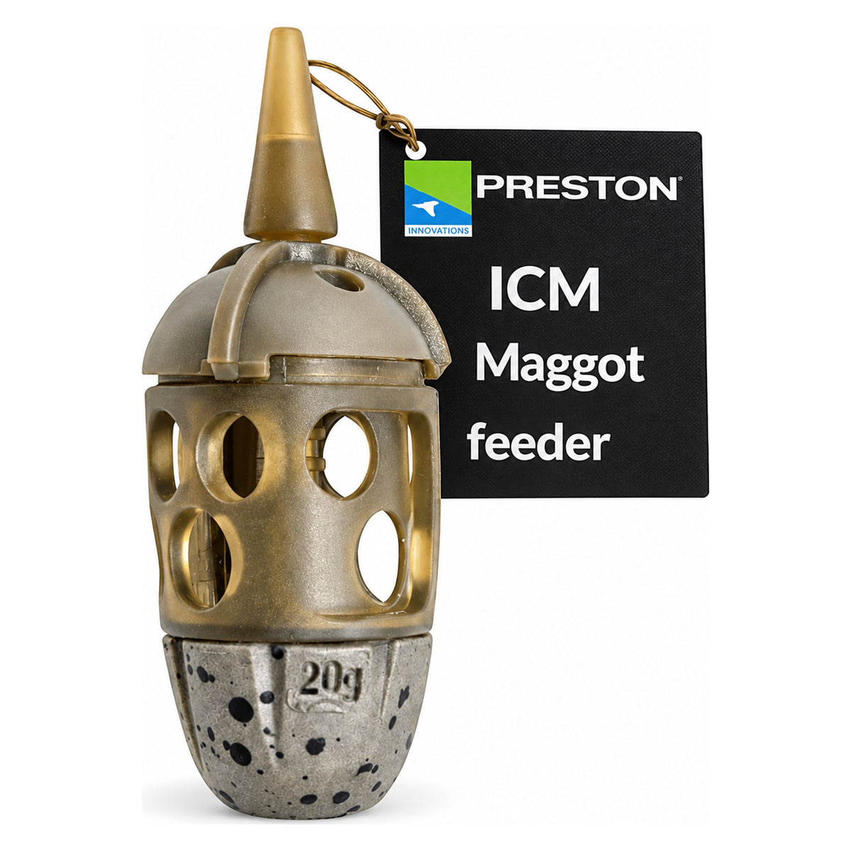 Preston ICM Maggot Feeder madenkorf met Preston-hanglabel op witte achtergrond