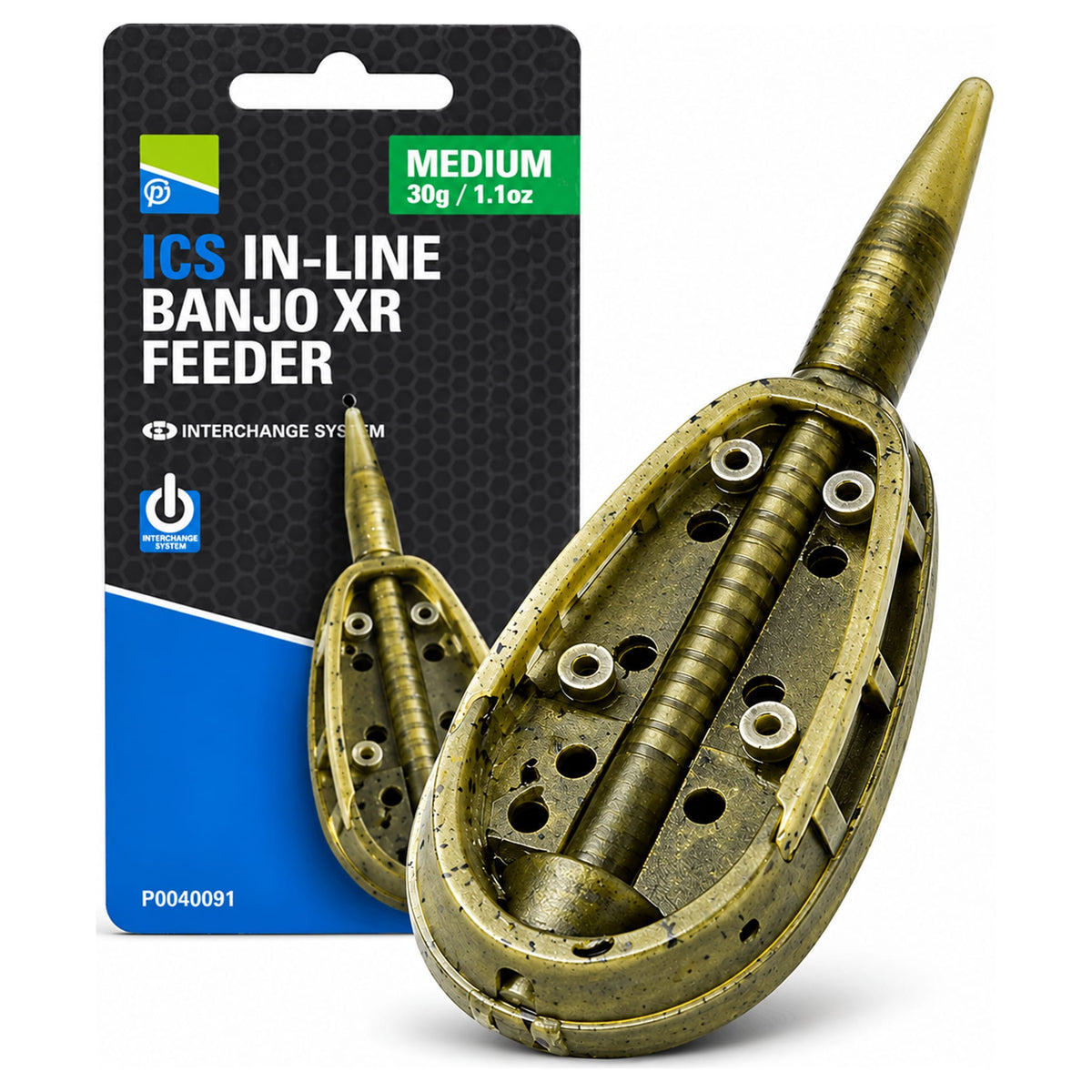 Preston ICS In-line Banjo XR Feeder Medium 30g met verpakking en vergrote feeder