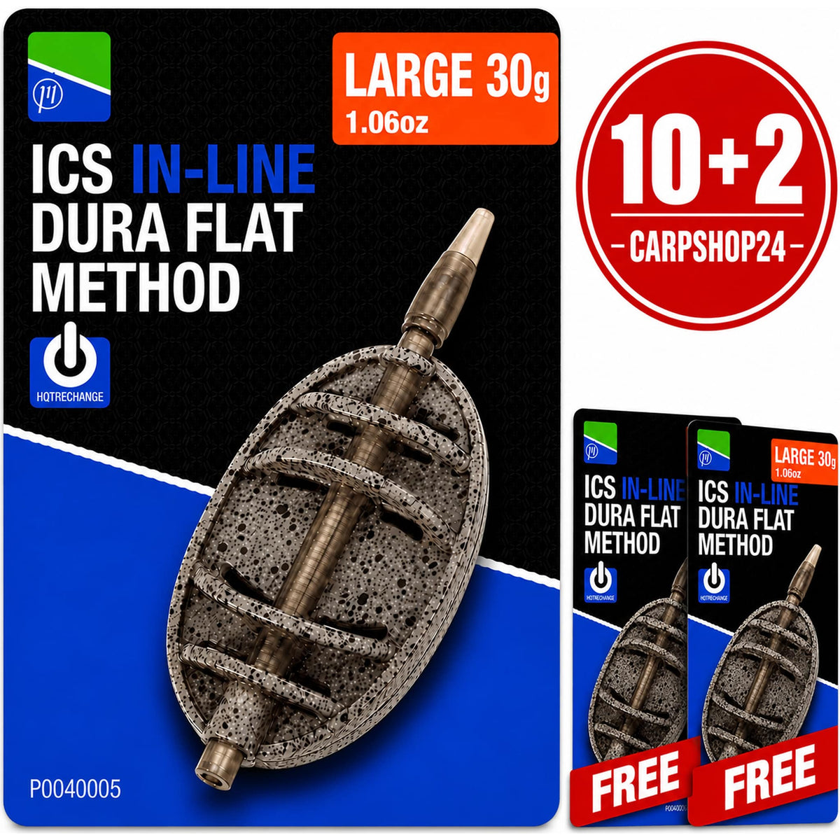 Preston ICS In-Line Dura Flat Method – drie kaarten met Large 30g-feeder en 10+2-badge