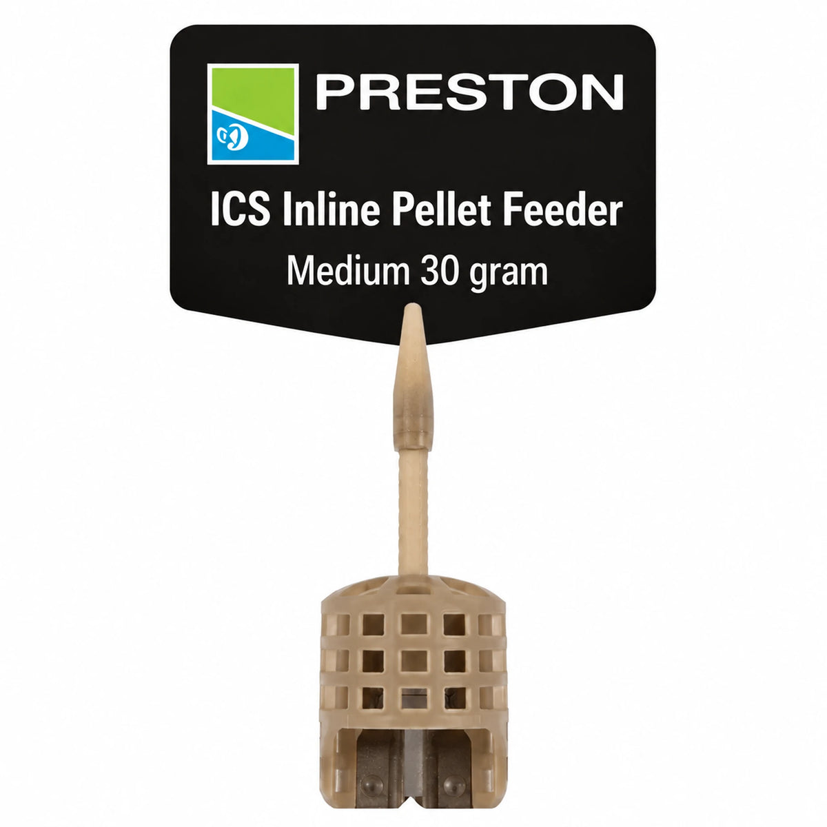 Preston ICS Inline Pellet Feeder Medium 30 gram (P0040053), beige pelletfeeder op witte achtergrond