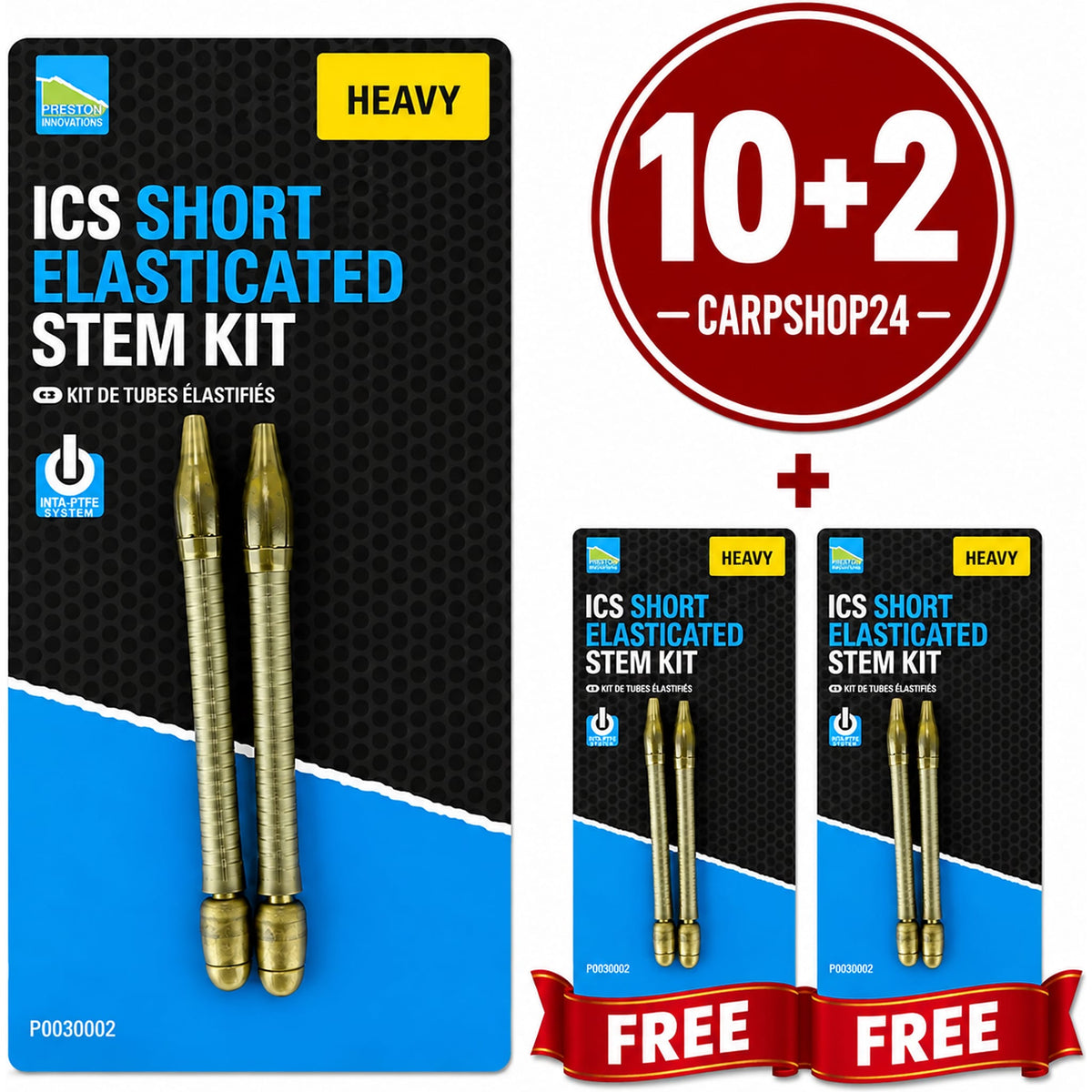 Preston ICS Short Elasticated Stem Kit – Heavy, twee stems per kaart met 10+2-badge en FREE-linten
