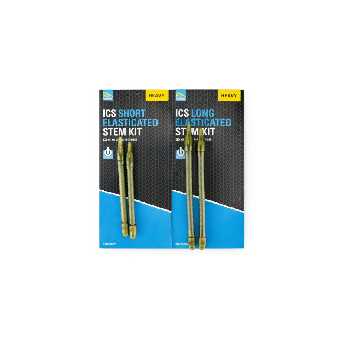 Preston ICS Elasticated Stem Kits Short en Long Heavy verpakkingen naast elkaar