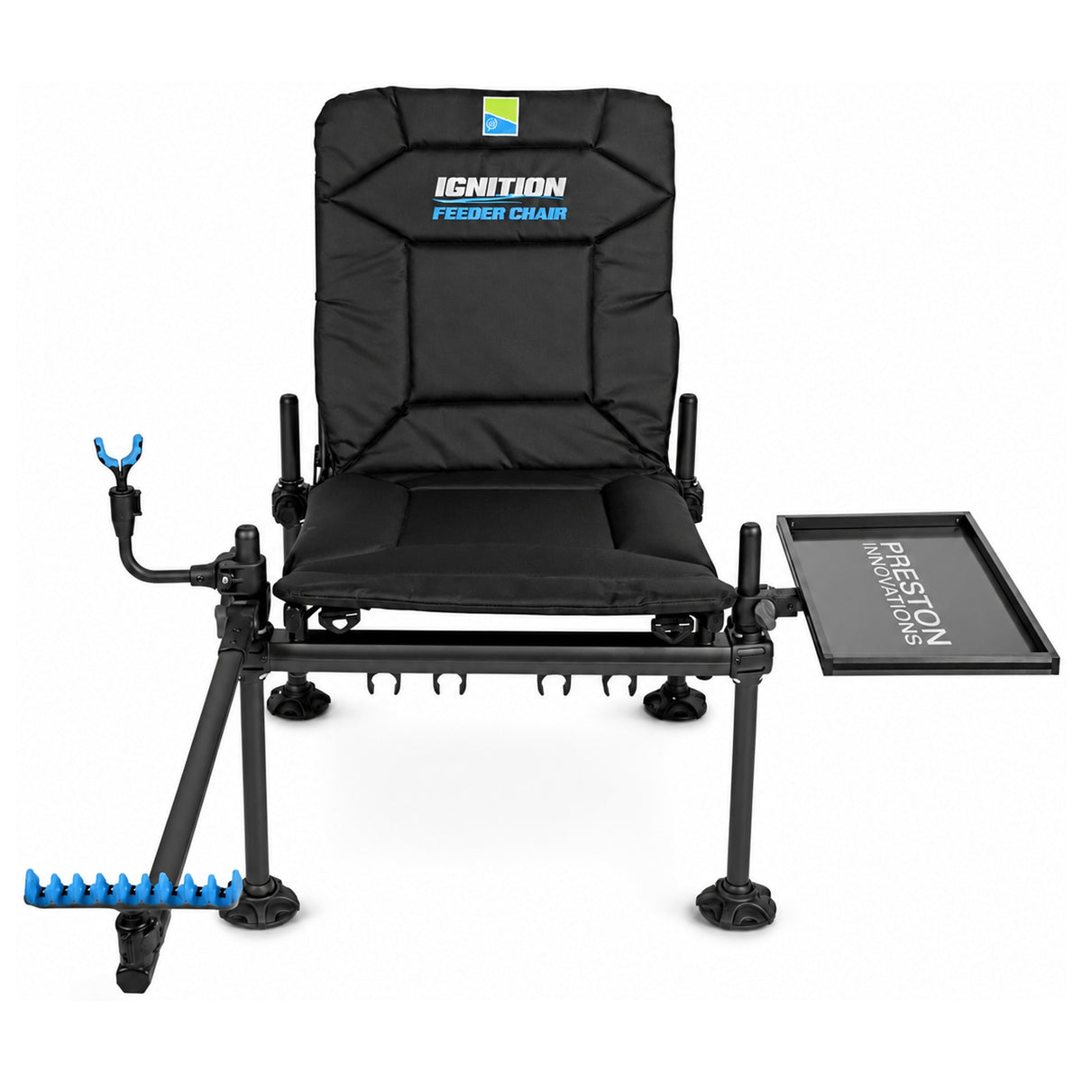 Preston Ignition Feeder Chair Combo met zwarte stoel, blauwe hengelsteunen en aastafel rechts
