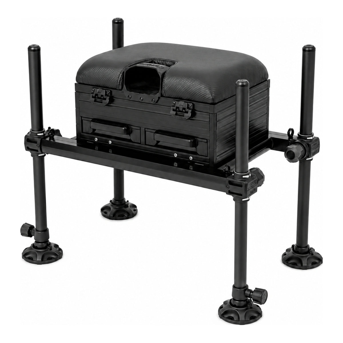 Preston Ignition SL Seatbox No Foot Platform – zwart schuinaanzicht met vier verstelbare poten en twee voorlades