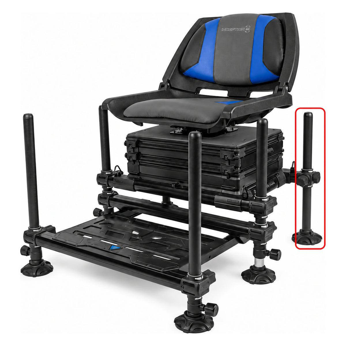 Preston Inception 30 mm standaardpoot 45 cm: de achterste poot rood gemarkeerd op de Inception 360-zitkist