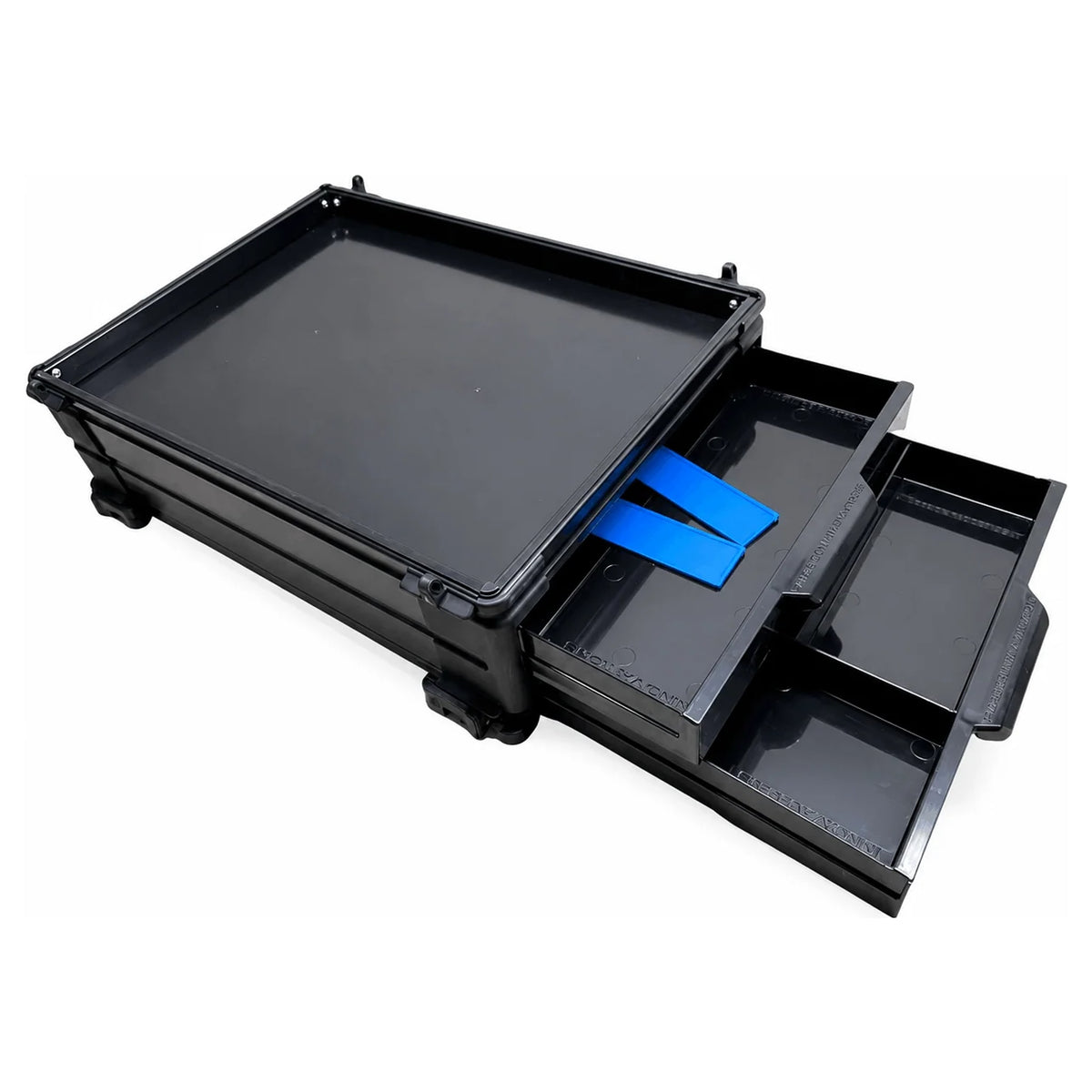 Zwarte zitkistmodule met twee uitgeschoven laden en blauwe banden