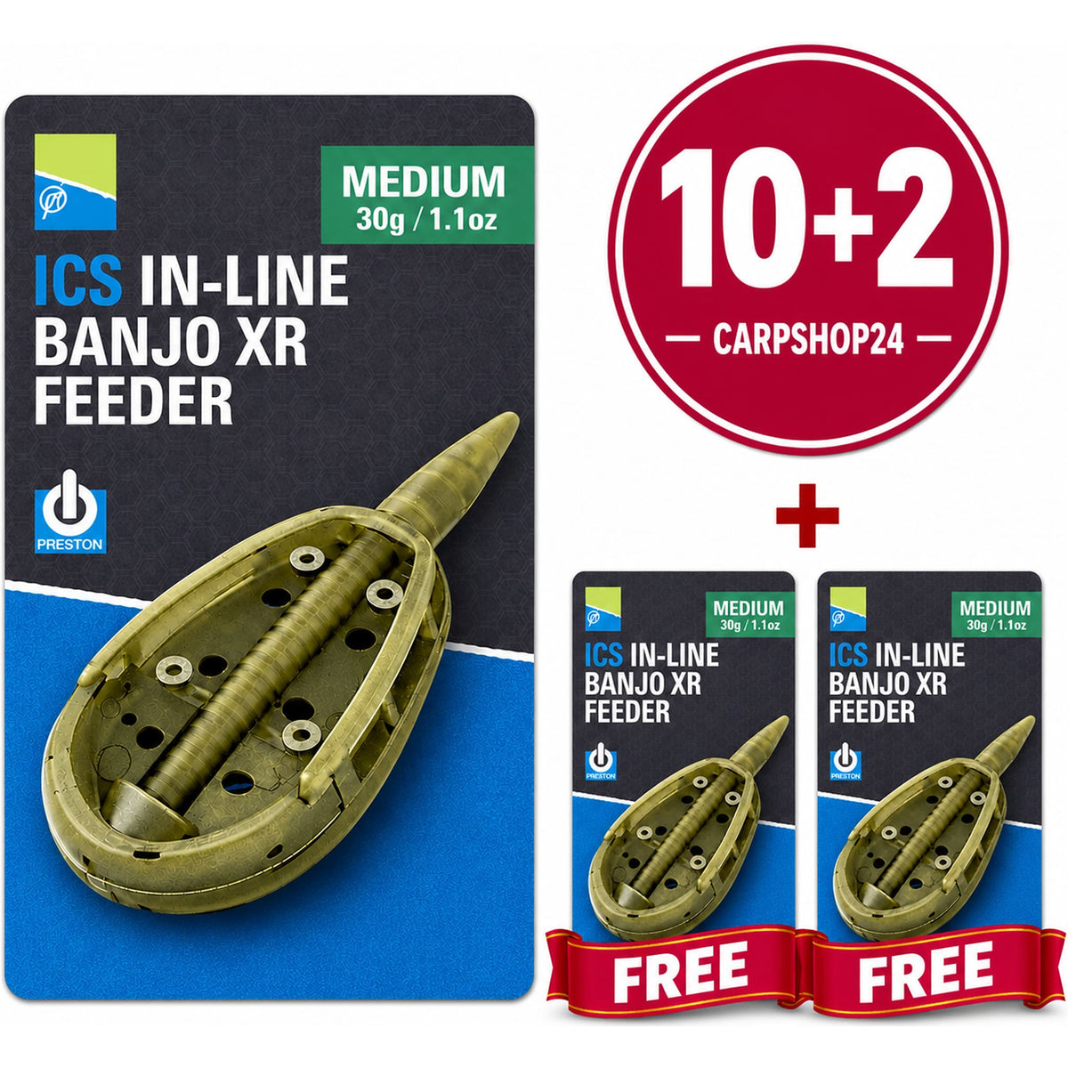 Preston ICS In-Line Banjo XR – drie kaarten met Medium 30g-feeder, 10+2-badge en FREE-linten