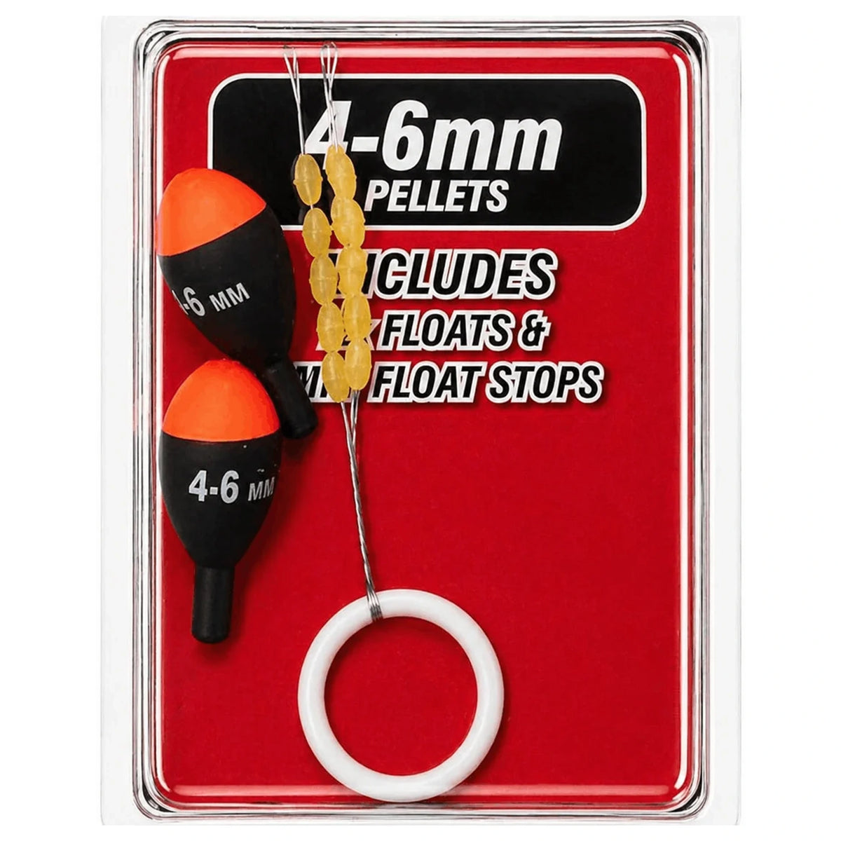 Jigger Float Kit voor 4–6 mm pellets, twee zwart-oranje dobbers en gele stoppers op rode verpakking