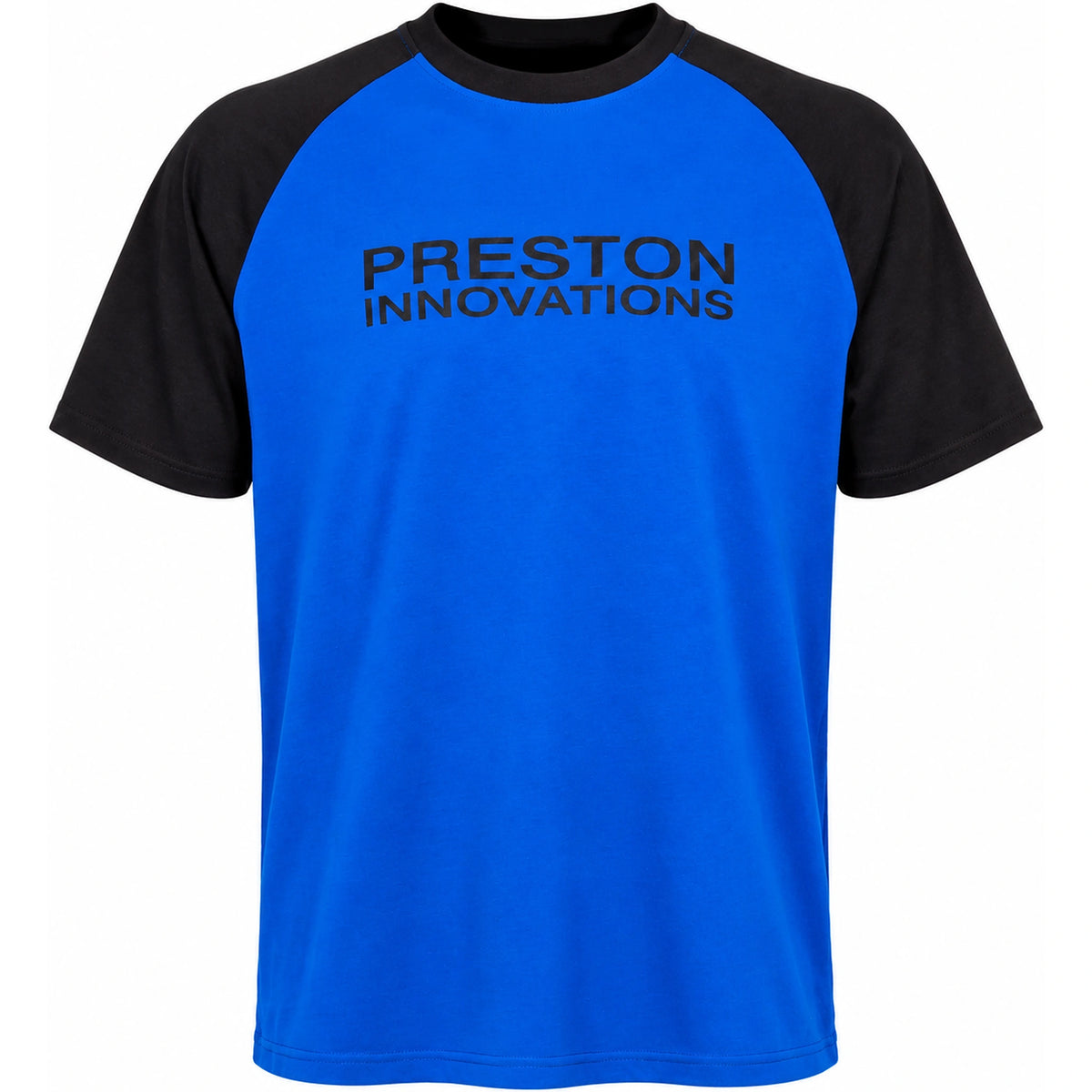 Preston Lightweight Blue Raglan T-shirt – blauw shirt van voren met zwarte mouwen, kraag en borsttekst.