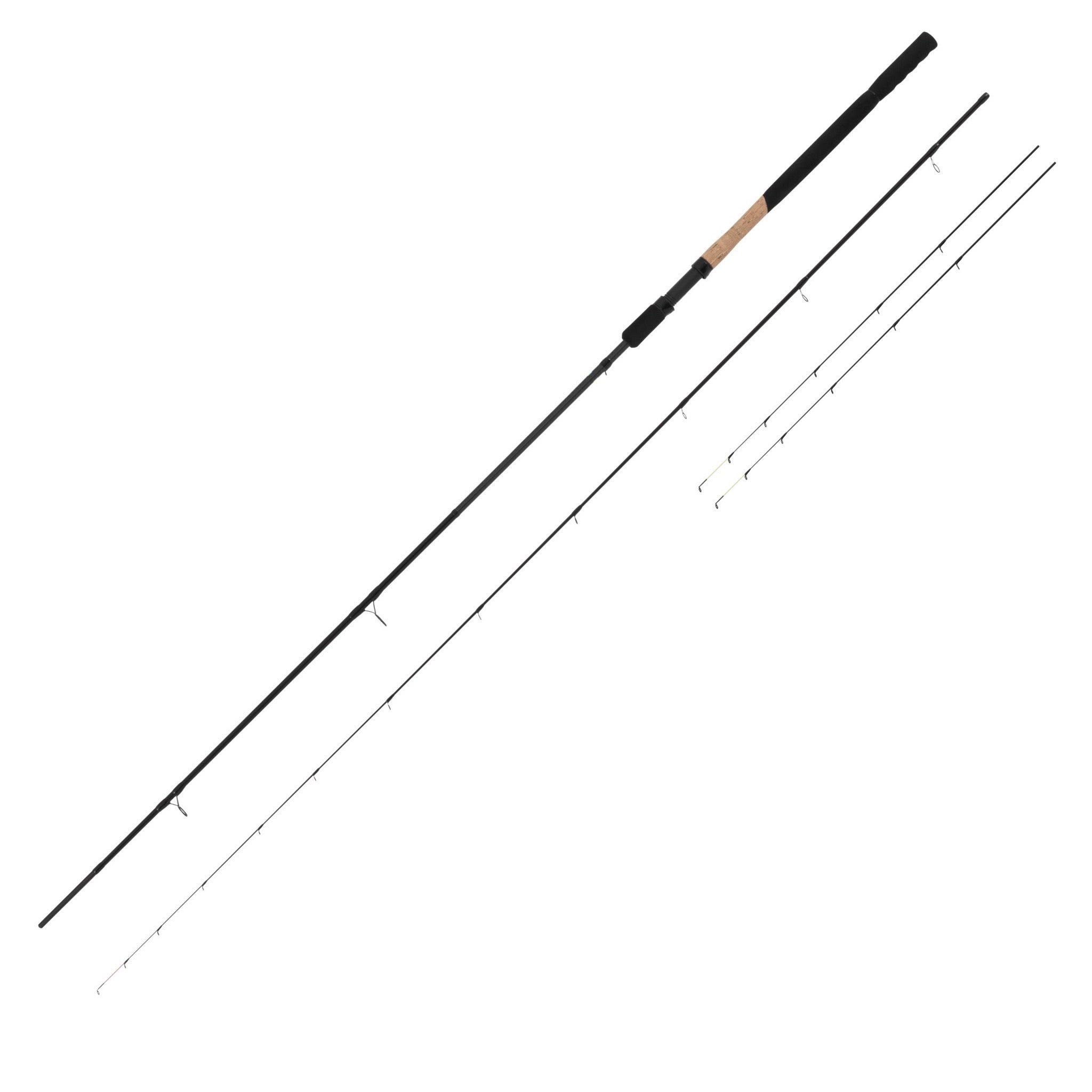 Preston Monster XS Carp Feeder Rods – hengeldelen en twee feedertoppen op witte achtergrond
