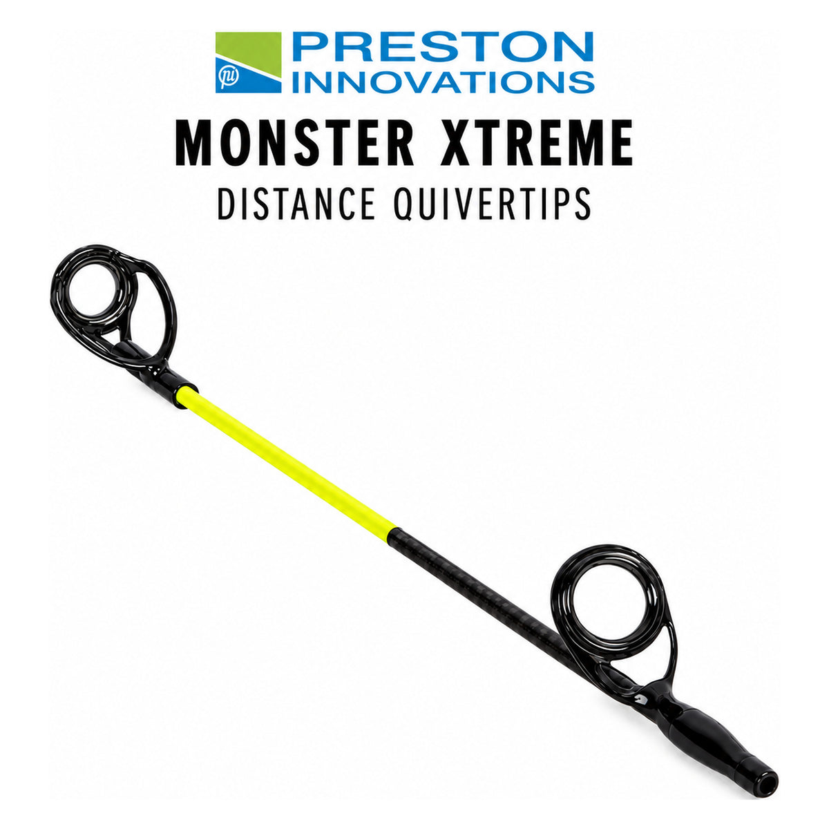 Preston Monster Xtreme Distance Quivertips – gele feedertop met geleideogen en gecentreerd merklogo