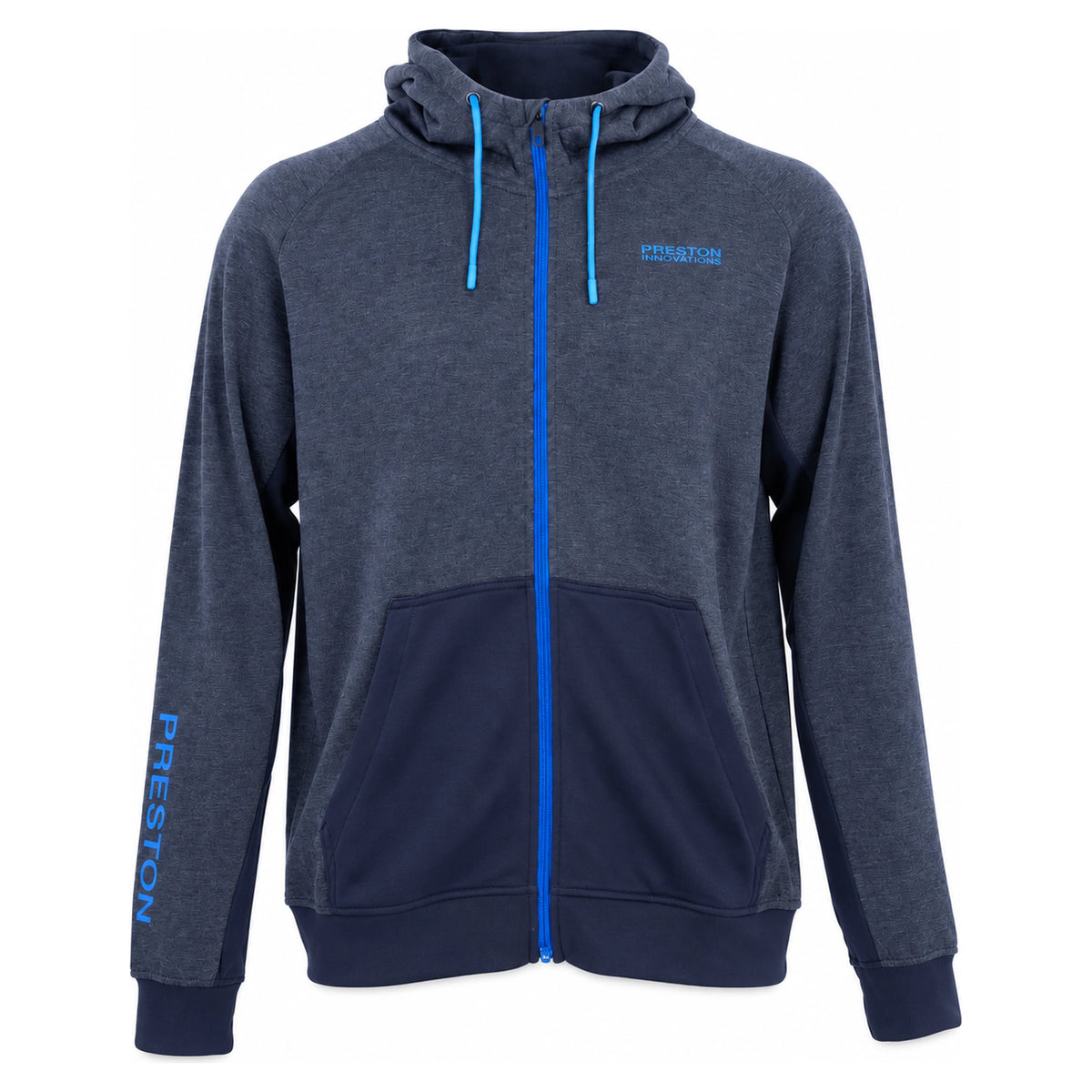 Preston Navy Tide Zip Hoodie – donkerblauwe hoodie met blauwe rits, trekkoorden, buidelzakken en Preston-logo in vooraanzicht