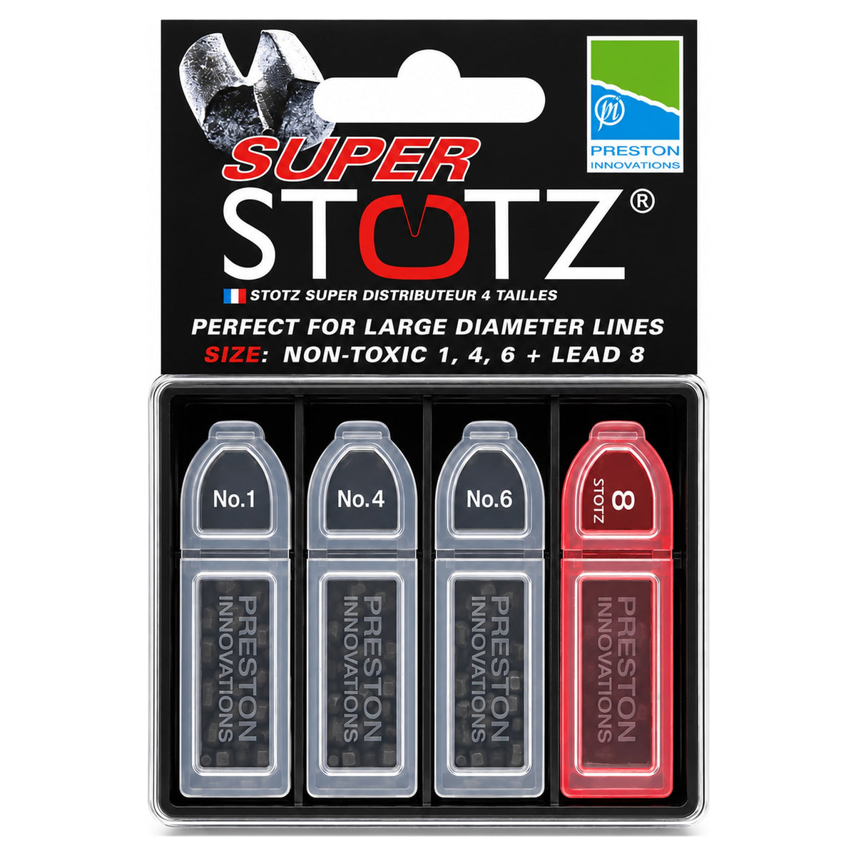 Preston Super Stotz dispenserverpakking met vier navuldoosjes, maten 1, 4, 6 en 8
