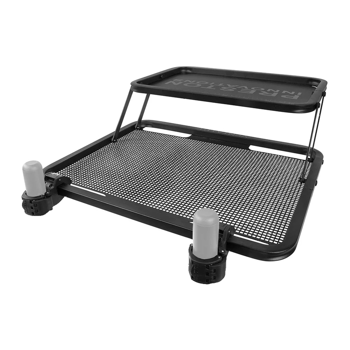 Preston Offbox Double Decker Side Tray Large met geperforeerd onderblad, verhoogd bovenblad en twee klemmen op montagepootjes