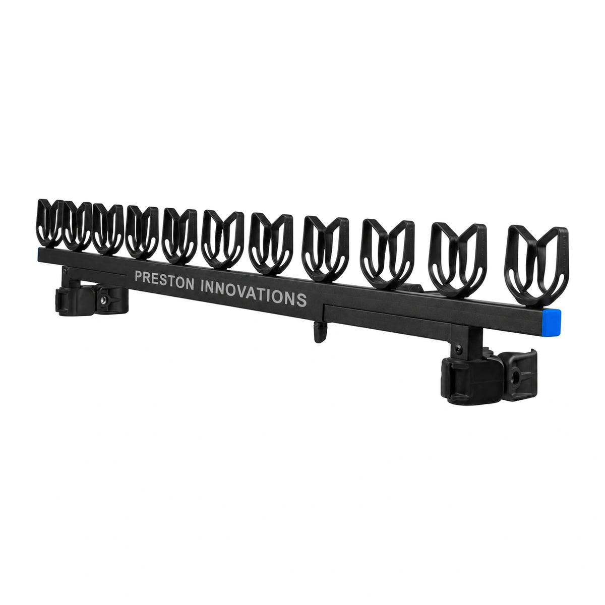 Preston Offbox Extending Gripper Roost met elf zwarte grippers, uitschuifbare rail, twee zitkistklemmen en blauwe einddop