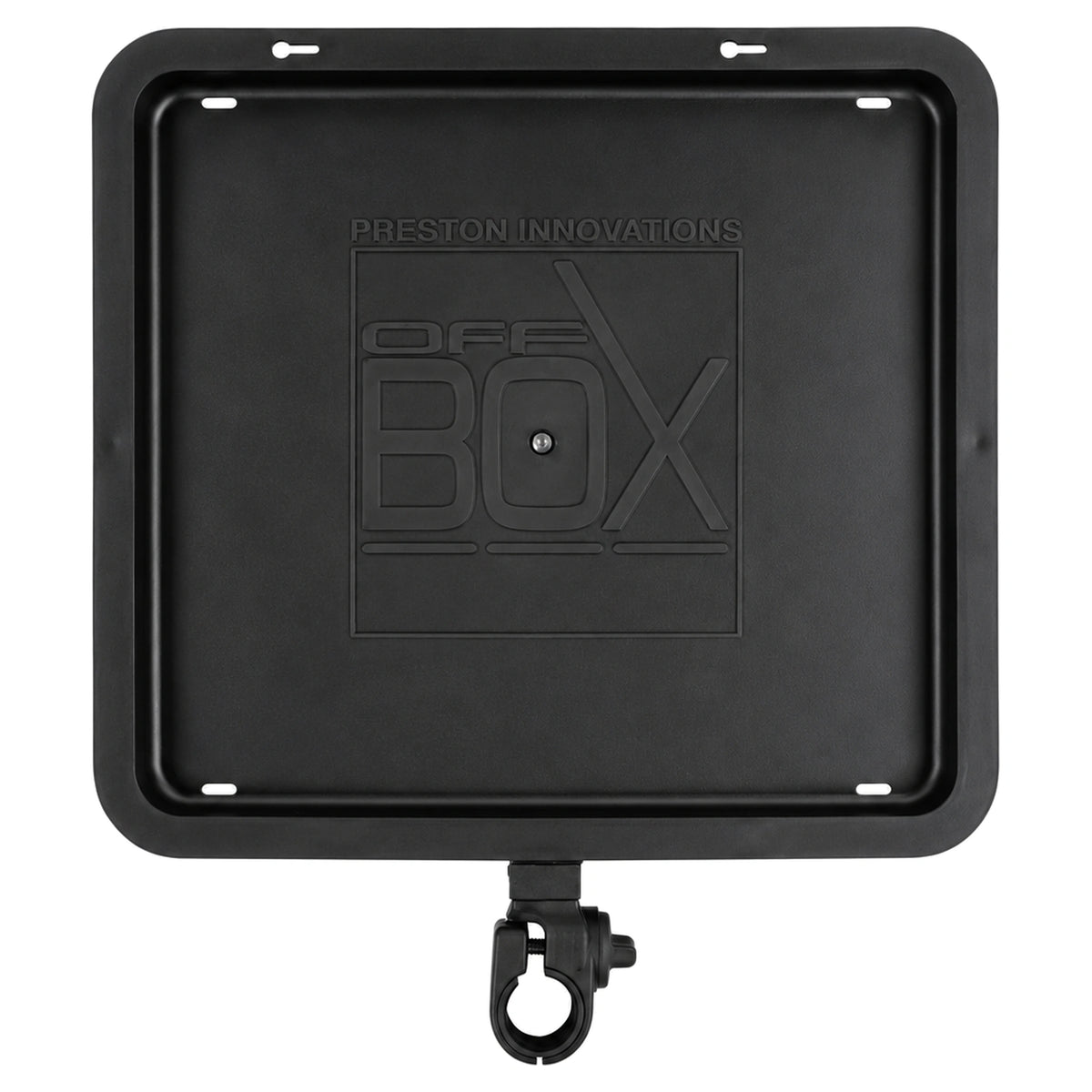 Preston Offbox Super Side Tray van bovenaf, met zwart solid blad, verhoogde rand, reliëflogo en centrale bevestigingsklem