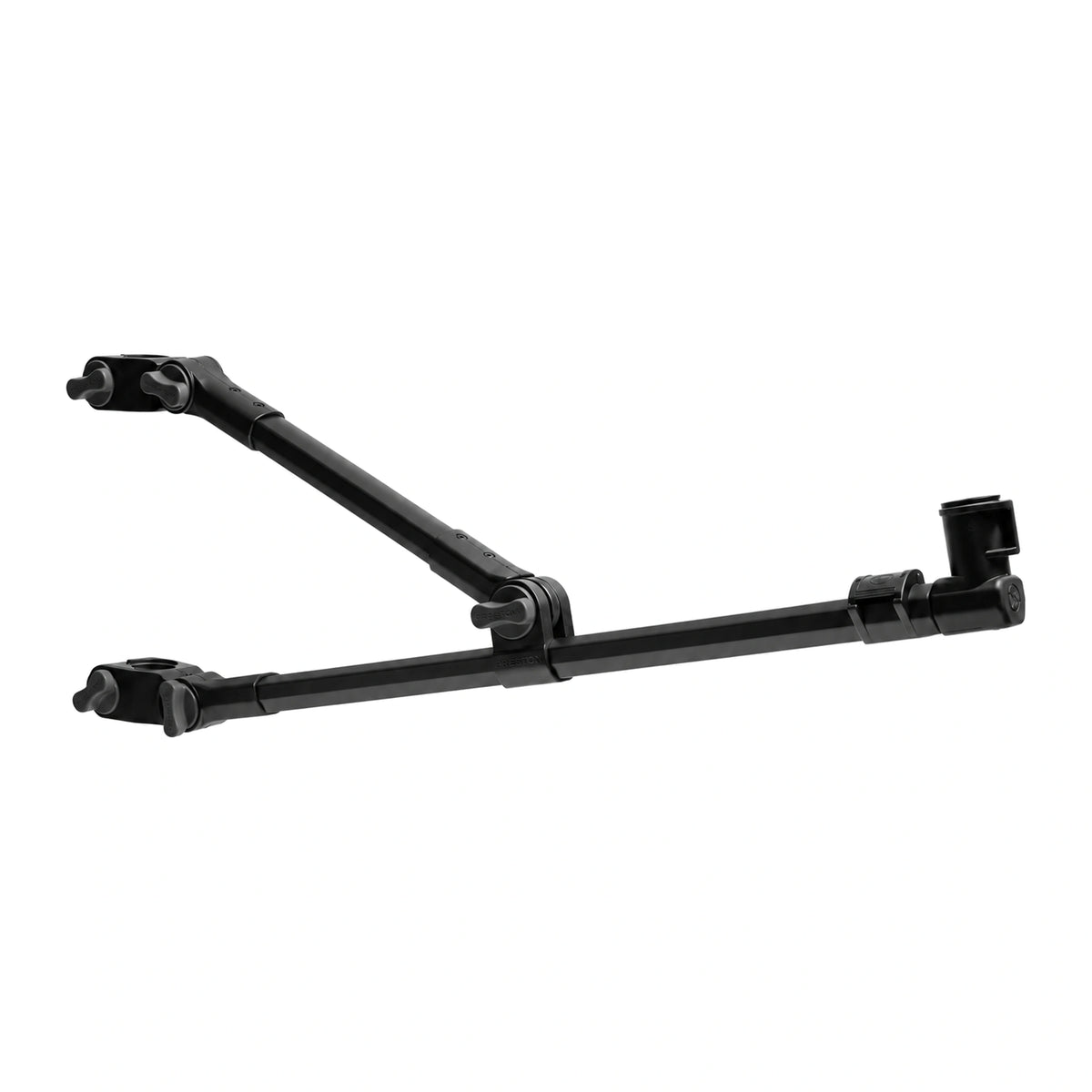 Preston Offbox XS Feeder Arm Standard – zwarte feederarm met diagonale steun, twee bevestigingsklemmen en Snap-Lok-aansluiting