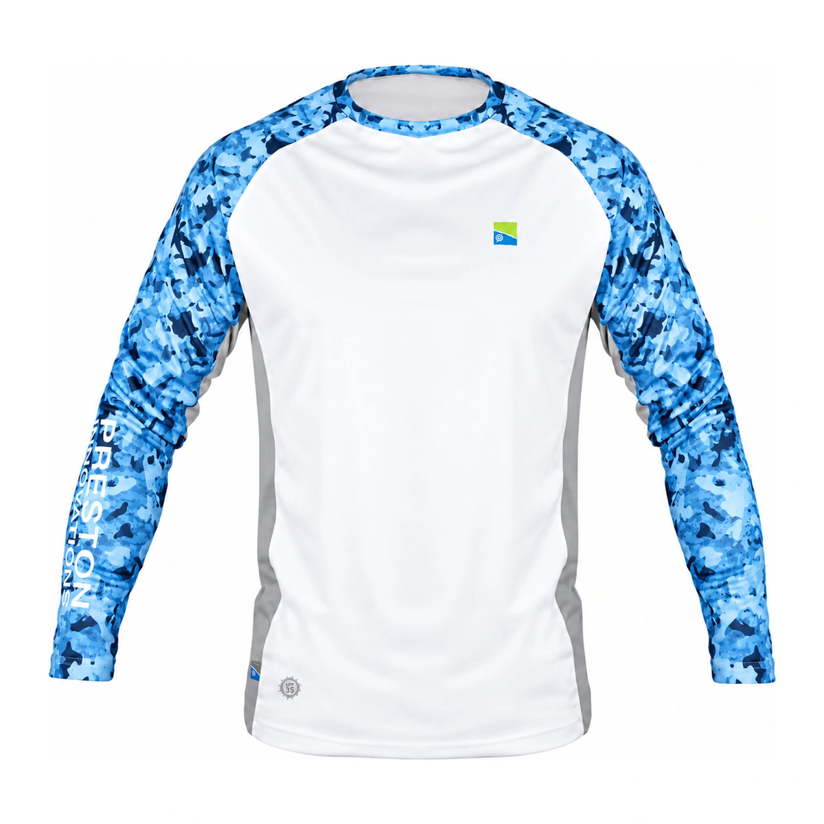 Preston Performance Sun Shirt UPF-35, vooraanzicht met blauwe camouflage mouwen