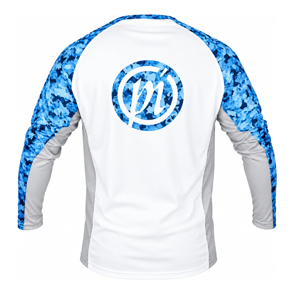 Preston Performance Sun Shirt UPF-35, achteraanzicht met groot blauw camouflage Preston-logo
