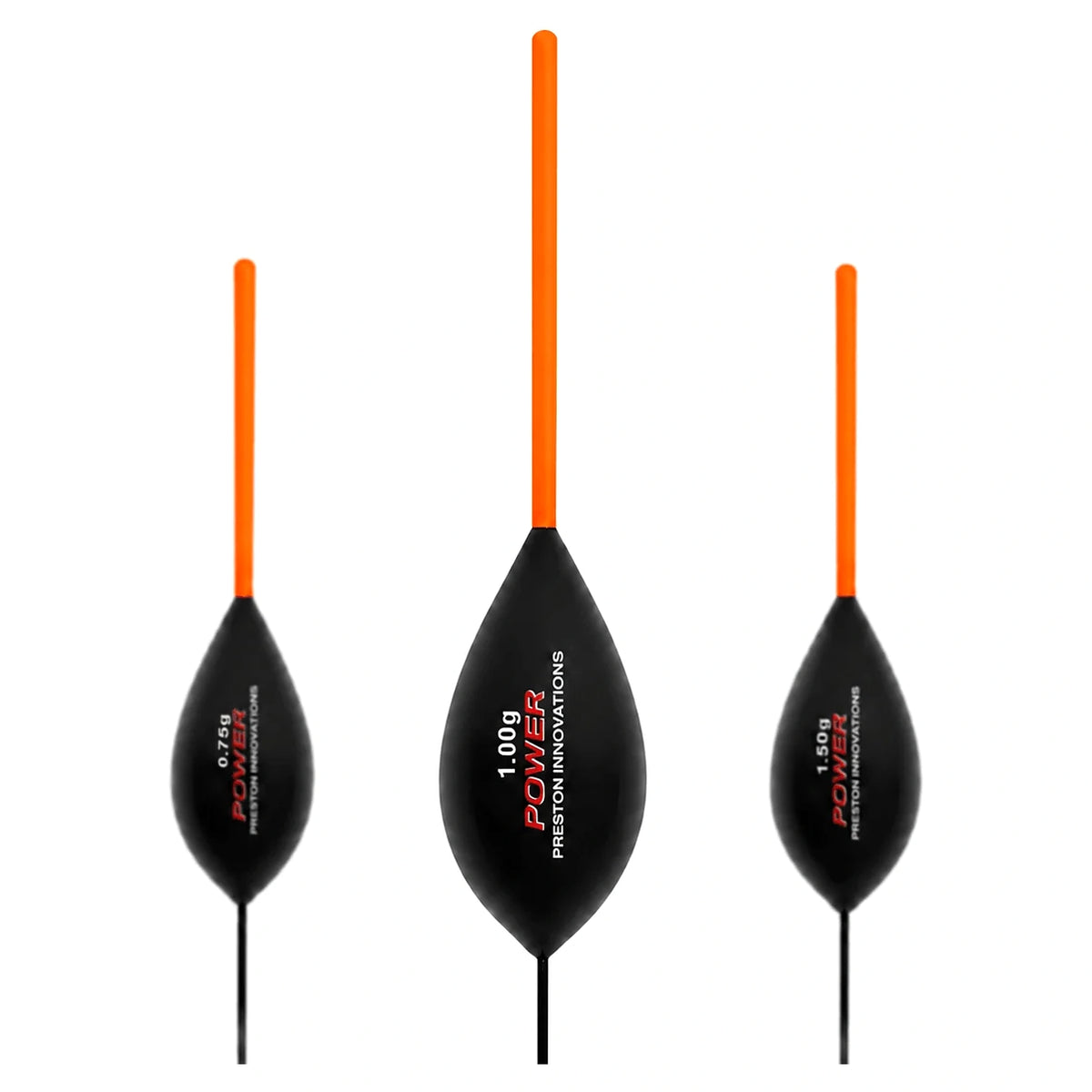 Preston Power Pole Floats: drie dobbers met oranje antennes, middelste dobber 1.00g op witte achtergrond