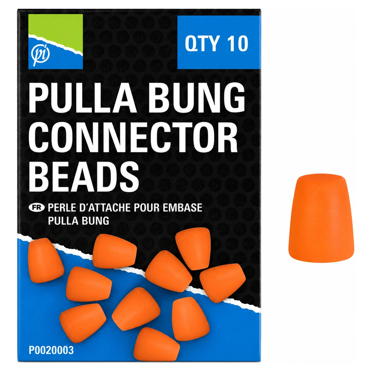 Preston Pulla Bung Connector Beads, zwartblauwe verpakking met oranje connectorkralen en vergrote kraal rechts