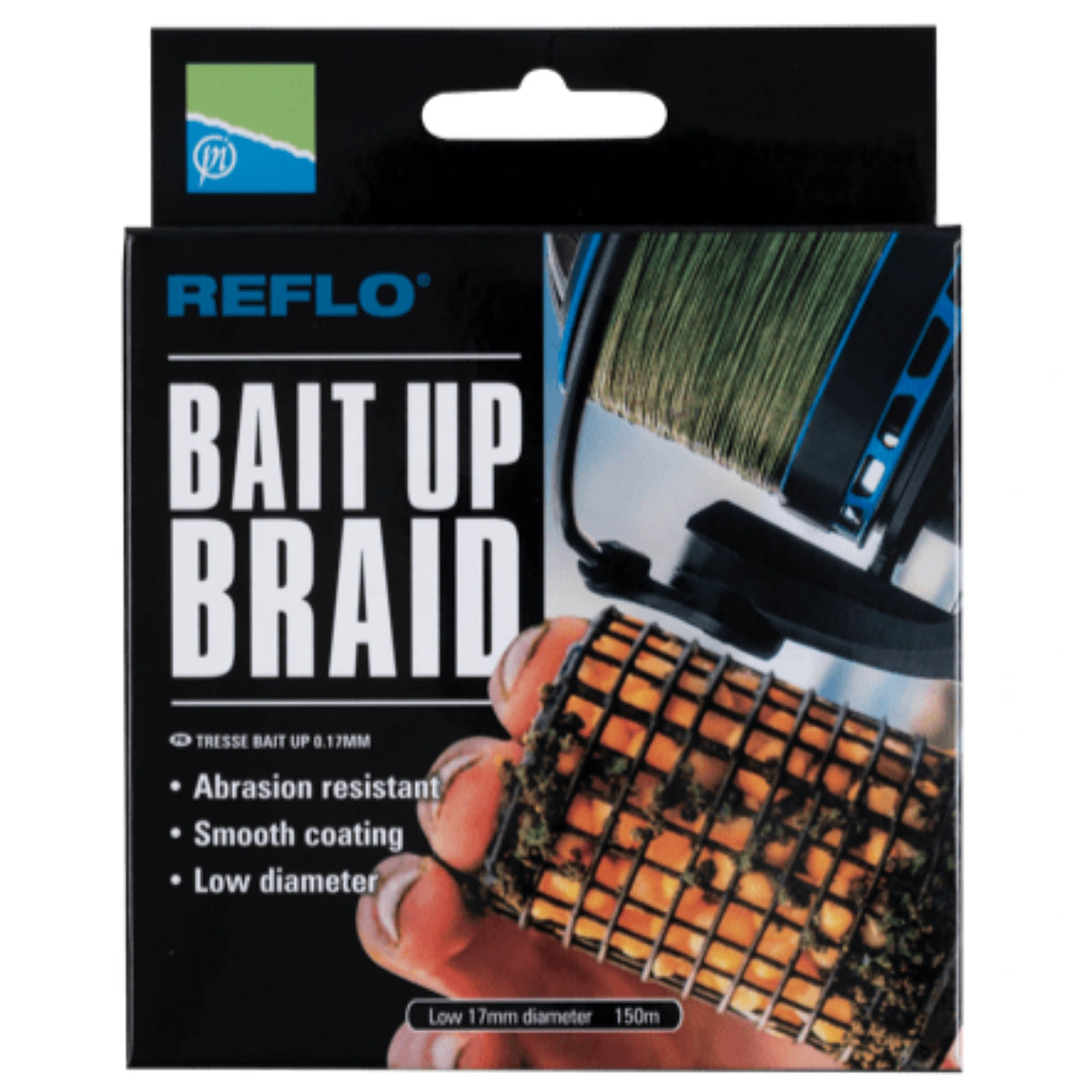 Preston Reflo Bait Up Braid 0,17 mm – volledige doosverpakking met ophangoog en productopdruk