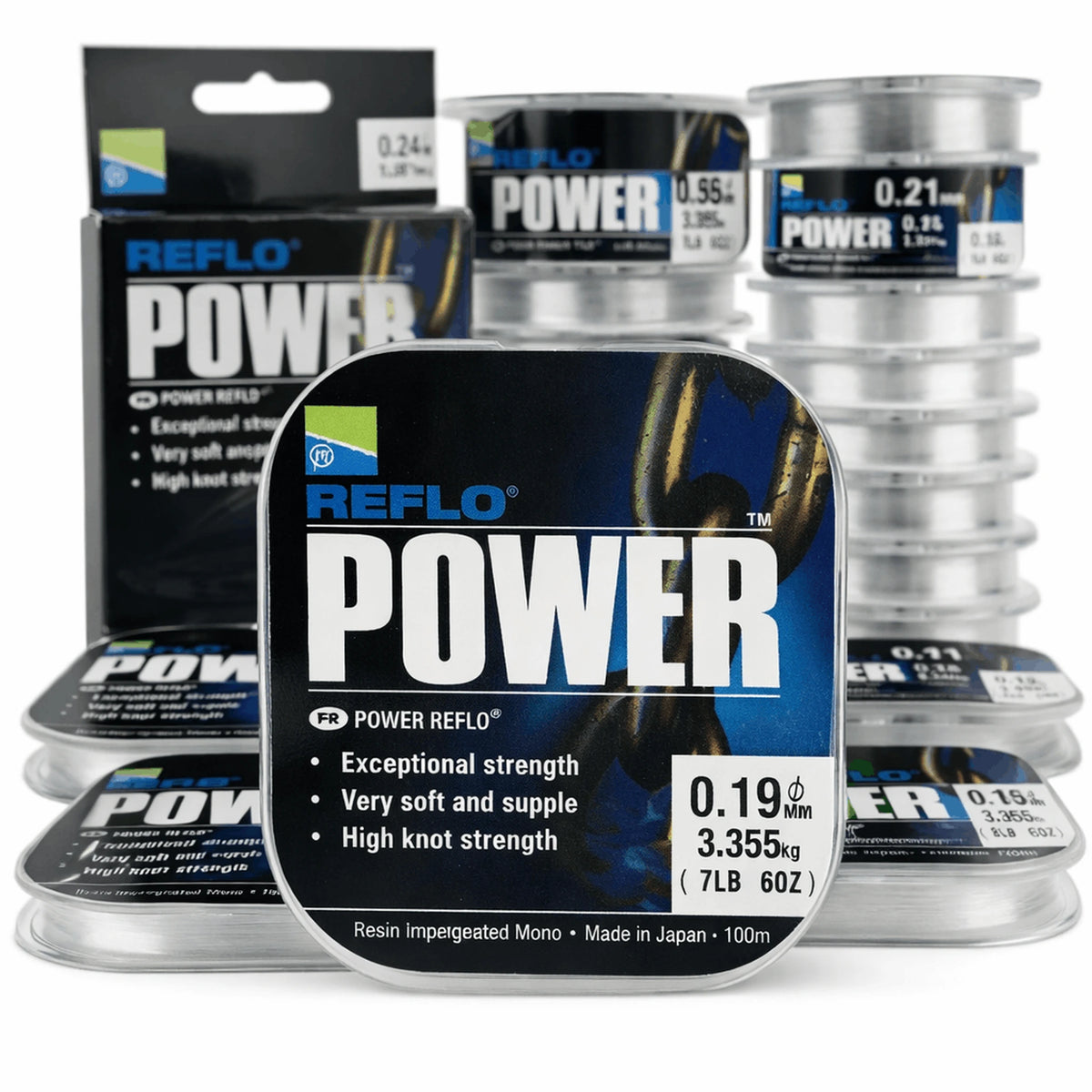 Preston Reflo Power nylon vislijn assortiment op spoelen