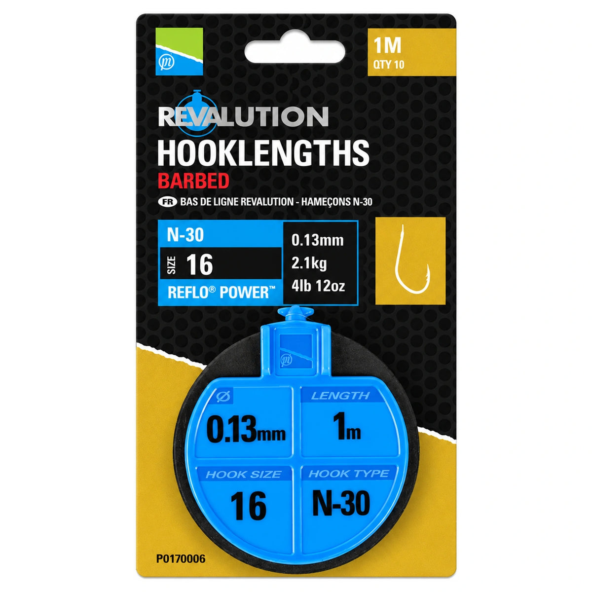 Preston Revalution Hooklengths Barbed N-30 maat 16, blauwe onderlijnspoel van 1 m in zwartgele verpakking
