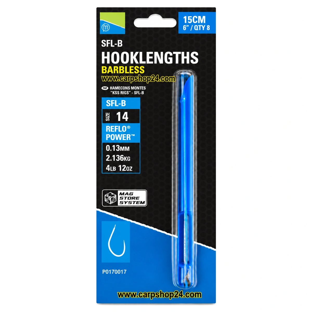 Preston SFL-B Hooklengths Barbless 15 cm maat 14, zwartblauwe verpakking met blauwe Mag Store houder