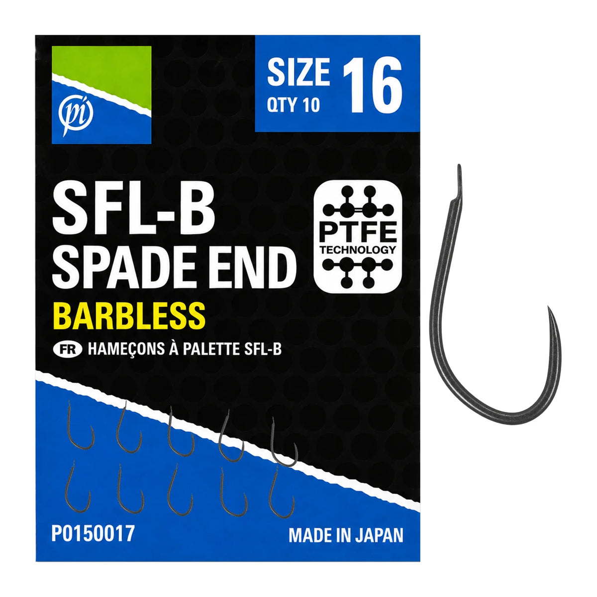 Preston SFL-B Spade End Barbless haak zonder weerhaak, maat 16, verpakking en haak