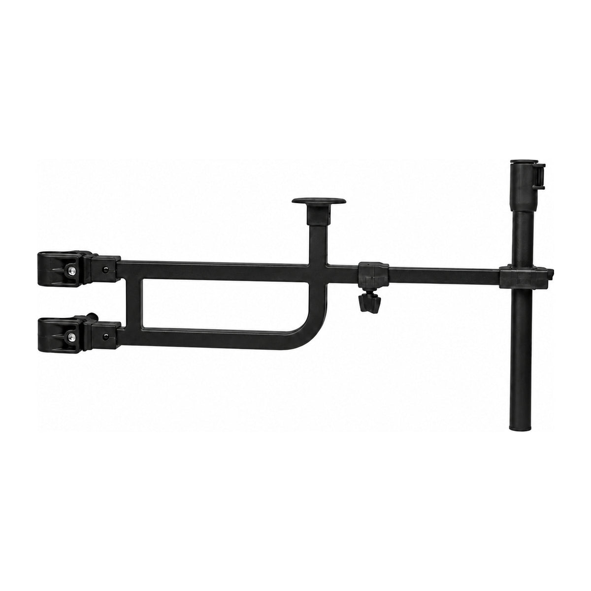 Preston Side Tray Support Accessory Arm: zwarte aastafelarm met dubbele pootklem, steunplaat en verticale accessoirestang