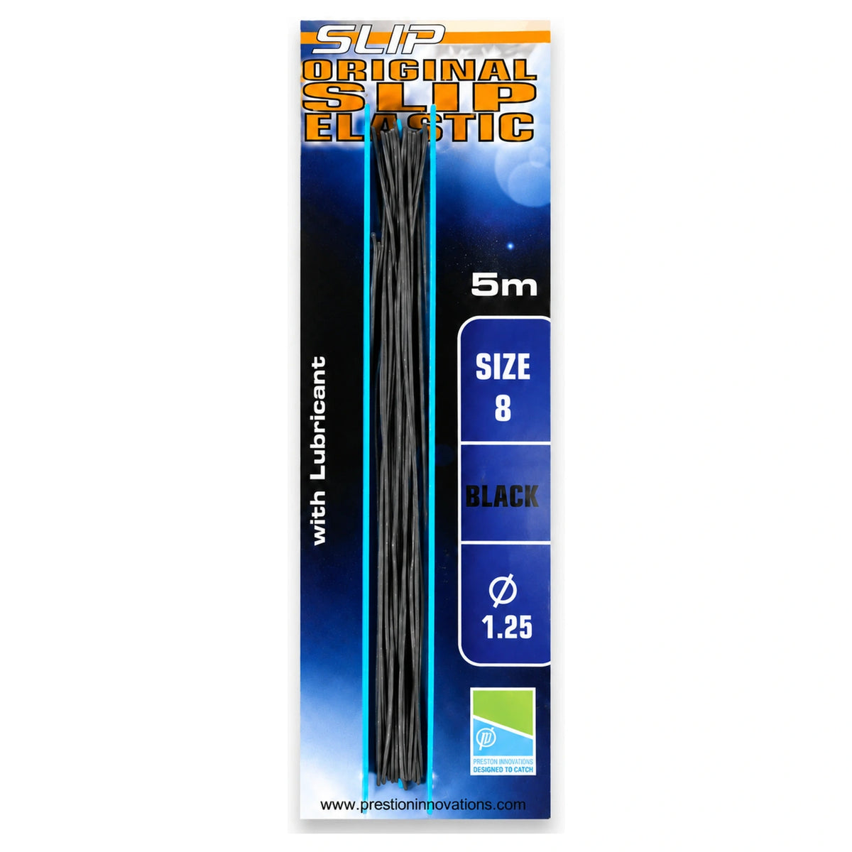 Preston Slip Elastic, zwart elastiek op blauwe verpakking met opdruk 5 m, maat 8 en diameter 1.25