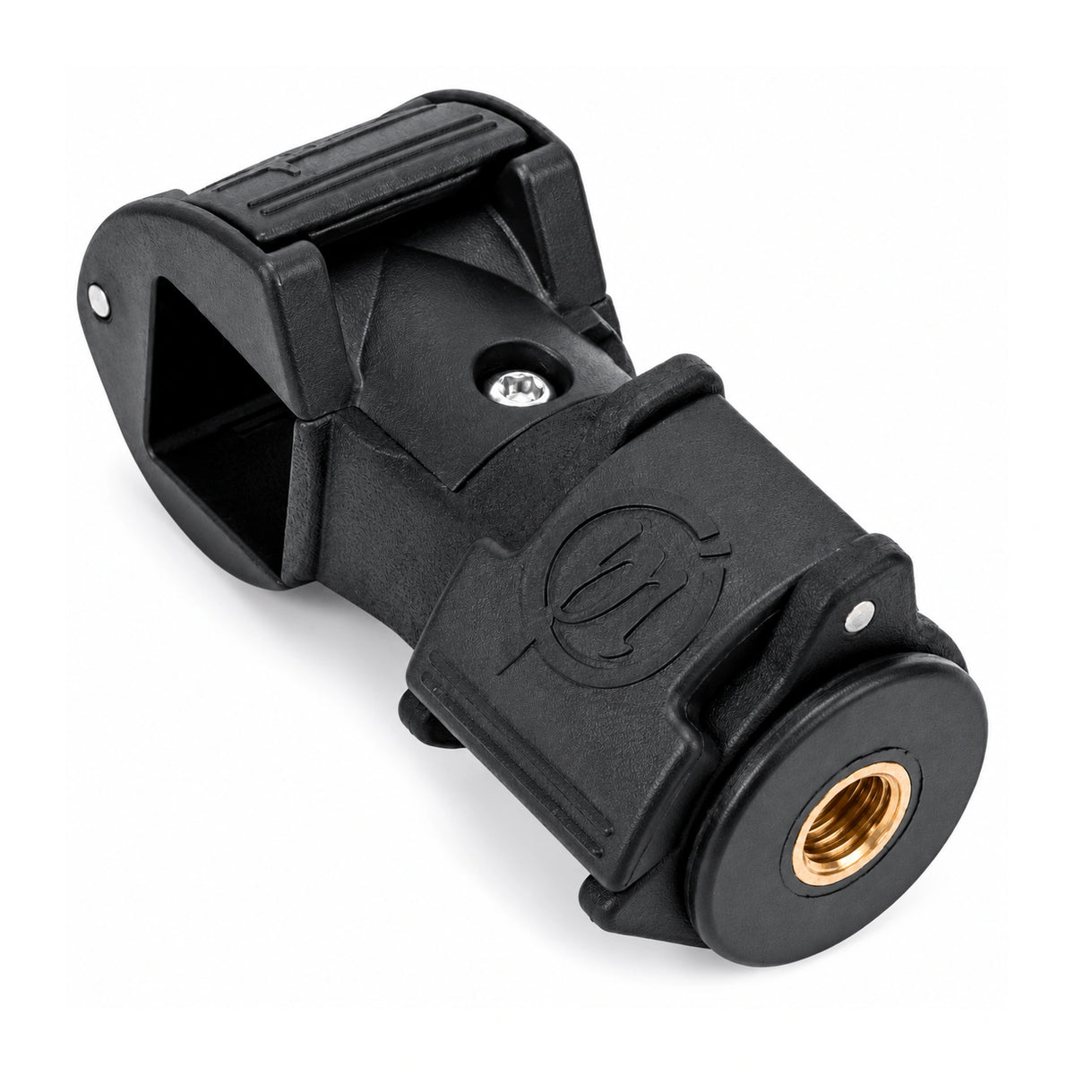 Preston SnapLok Accessory Block P0110044, zwarte snelwisseladapter met messing schroefdraad op wit