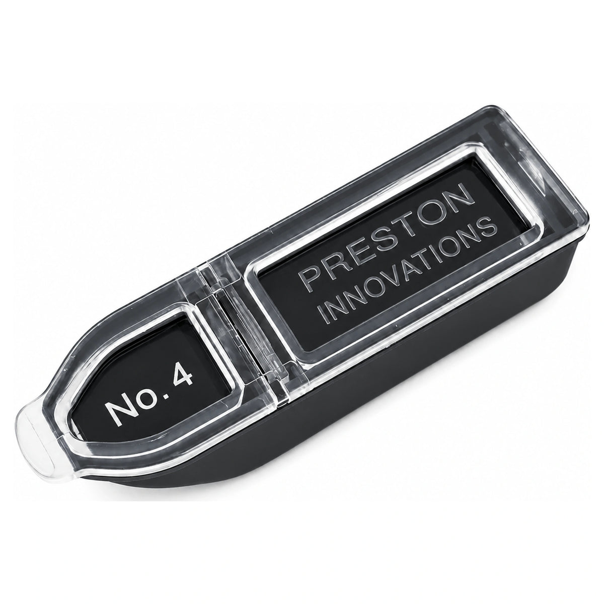 Diagonale donkergrijze Preston Innovations-dispenser met transparant deksel en opdruk No. 4