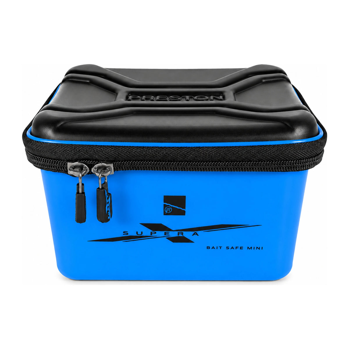 Preston Supera X Bait Safe Mini: blauwe aasbak met gesloten zwart deksel, dubbele rits en Supera X-opdruk