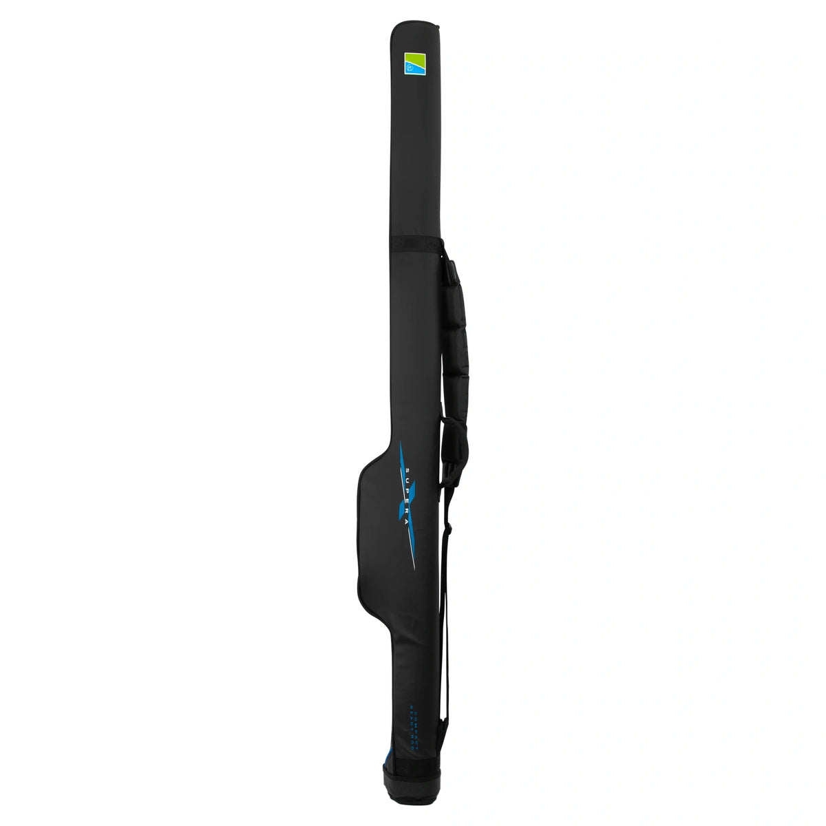 Preston Supera X Compact Ready Rod-foedraal in zwart met blauw-witte opdruk, molenvak, gevoerde draagriem en verstevigde voet