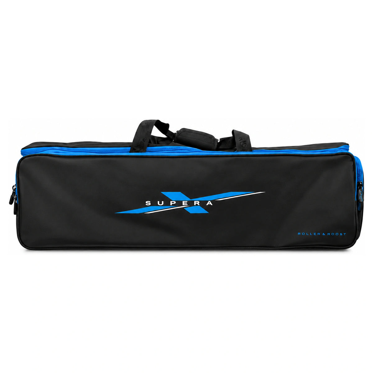 Preston Supera X Roller & Roost – zwarte rollertas met blauwe ritssluiting en Supera X-logo