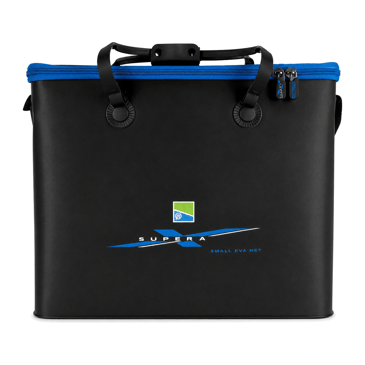 Preston Supera X Small EVA Net Bag P0130157 – vooraanzicht van de zwarte leefnettas met blauwe rits en draaggrepen