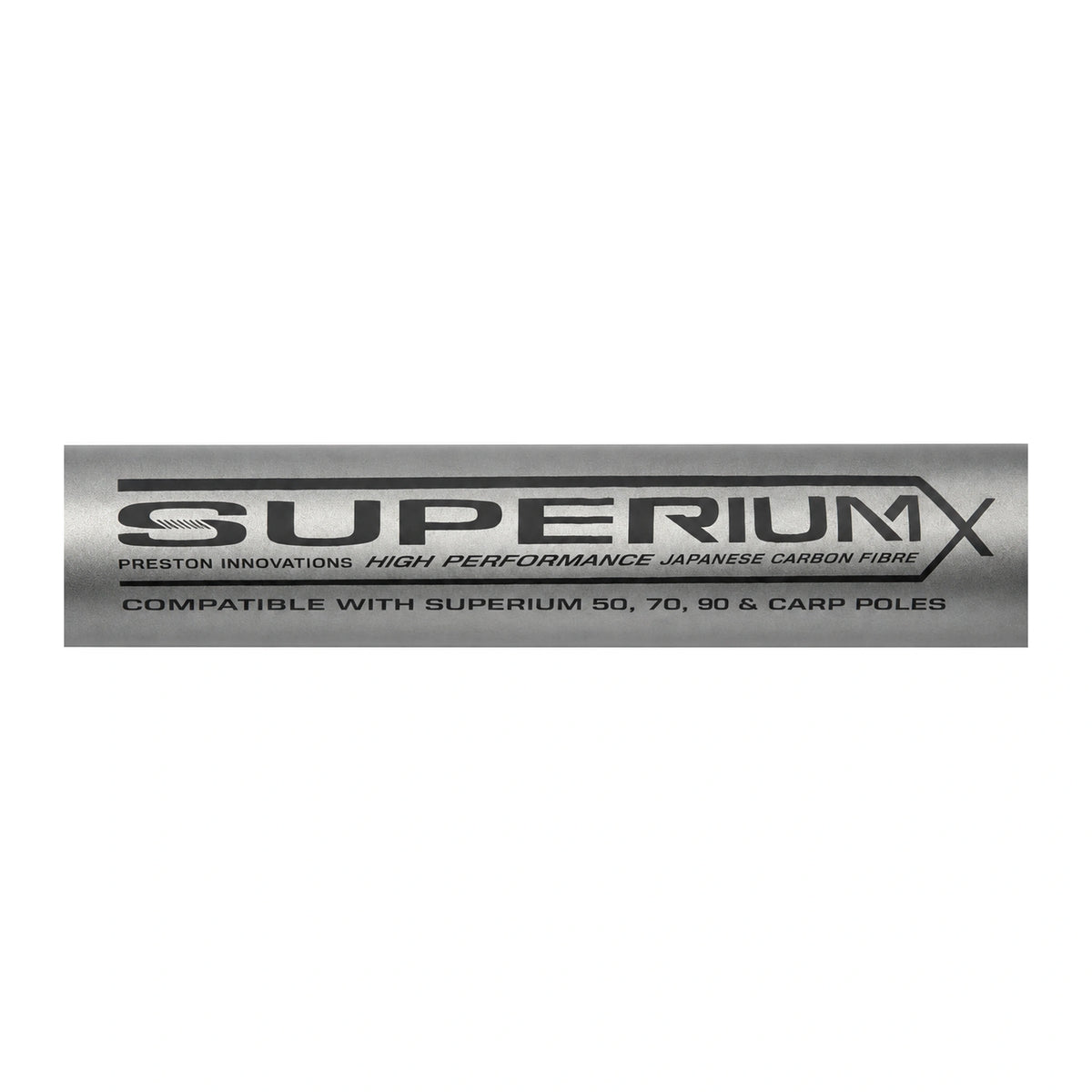 Preston Superium 1,8 m Multi Extension – detail van de grijze carbon blank met compatibiliteitsopdruk voor 50, 70, 90 en Carp