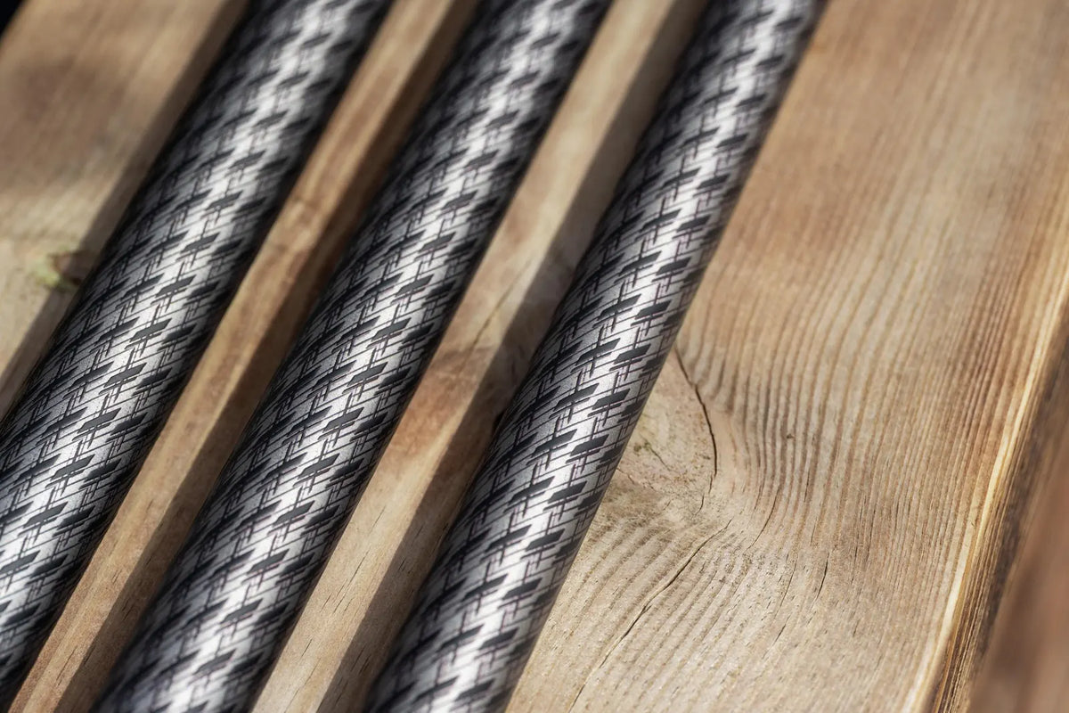 Preston Superium 8m System Whip – carbonafwerking van de hengeldelen in close-up