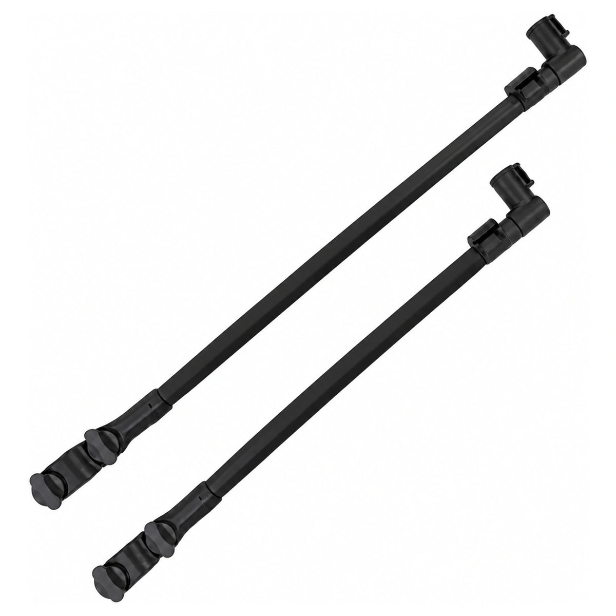 Preston Telescopic Feeder Arms, twee zwarte feederarmen schuin naast elkaar met draaiknoppen en haakse aansluitingen